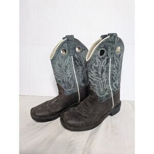 Old West BSC1884 Cowboy Boots Blue Brown Leather Square Toe Little Kids Sz 13.5